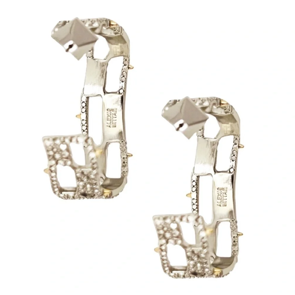 ALEXIS BITTAR • Silver Crystal Georgian Checkerboard Wavy Hoop Earrings